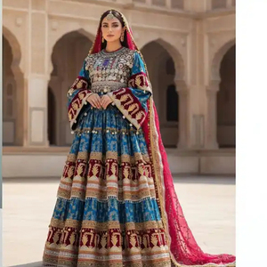 Robe longue en mousseline de soie pour filles, style ethnique afghan, broderie artisanale, manches longues, pour mariages, robe culturelle afghane Kuchi - Product Image 1