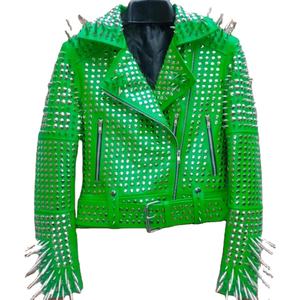 แจ็คเก็ตหนังแท้สีเขียวติดหมุดสำหรับนักขี่จักรยานแจ็คเก็ตสไตล์พังก์สำหรับผู้หญิง - Product Image 1