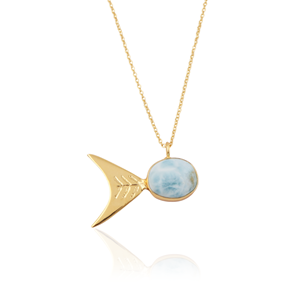 Unique Style Brass 18k Gold Plated Fish Shape Oval Cabochon Larimar Pendant Women's Chain Handmade Jewelry Gift Wedding - Product Image 1