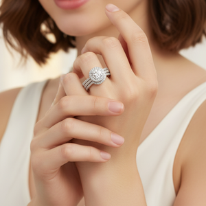 Bague de fiançailles en diamant véritable de 1,20 ct avec accents décoratifs |   Bague de mariage en or blanc 14 carats avec halo et double sangle sertie de griffes, bijoux fins - Product Image 1