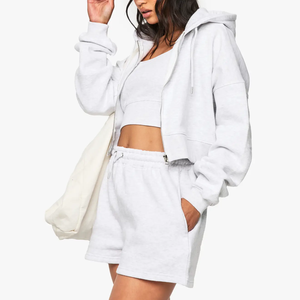 New Arrival High Quality Women's Plus Size Solid Fleece Hooded Panelled Loose Gym Wear Hoodie Shorts <b>Set</b> Latest Summer Style <b>Set</b> - Product Image 5