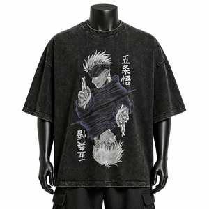 เสื้อยืดผู้ชายคุณภาพสูงสั่งทำพิเศษ ทรงโอเวอร์ไซส์ สีดำล้างสี ลายกราฟิก ผ้าฝ้าย สตรีทแวร์ ไหล่ตก - Product Image 1
