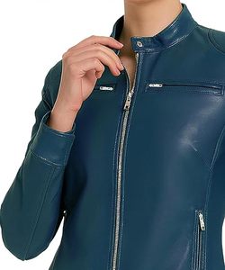 Women's Genuine Leather Motorcycle Jacket Brown Stand Collar <b>Zipper</b> Closure Full Sleeve Biker Style Autumn Wear - Product Image 5