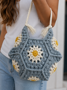Crochet été plage sac fourre-tout bohème hexagonal mer herbe carré Floral Vintage Style nouveau concepteur femmes sac à bandoulière Snap - Product Image 1