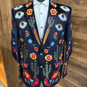 Ensemble de costume blazer bleu marine brodé pour homme – Motifs floraux, cactus et œil porte-bonheur – Tenue de cérémonie de créateur - Product Image 1
