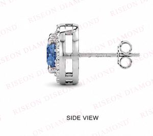 Sofisticados pendientes tipo halo en oro blanco de 18 quilates con piedras centrales redondas en azul real y diamantes redondos brillantes como detalles. - Product Image 3