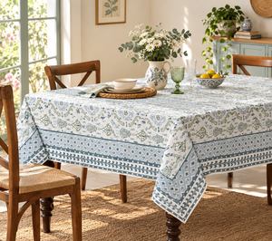 Ridhi Customizable Modern Hand Block Printed Eco-Friendly <b>Tablecloth</b> Light Blue <b>White</b> Floral Geometric Pattern Dining Reusable - Product Image 1