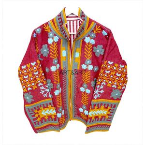Red <b>Corduroy</b> Mandarin Collar Quilted <b>Jacket</b> Hand Embroidered Floral Pattern Full Sleeve Women's Autumn Eco-Friendly Breathable - Product Image 1