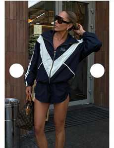 ONTEN <b>Women's</b> Navy White 2 in 1 Color Block Sporty Lightweight 100% Polyester Tracksuit Set Windproof Zip-Up Jacket & <b>Shorts</b> - Product Image 3