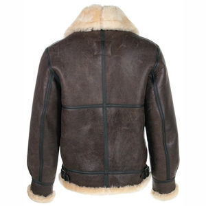 Blouson aviateur bomber en cuir pour homme 2026, effet vieilli, en fausse fourrure Sherpa Shearling, tricot côtelé, style aviateur, en peau de mouton - Product Image 6