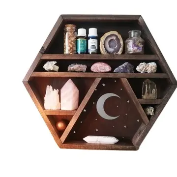 Étagère murale hexagonale en bois, étagère en cristal, lune et étoiles, pin massif, couleur chêne foncé, support de rangement, organisateur