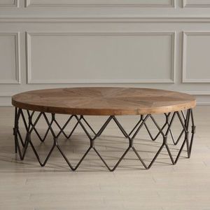 Modern Round Wood Coffee <b>Table</b> With Metal Frame Industrial Design Living Room Furniture - Product Image 6