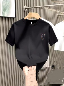 T-shirt Homme Tendance à Manches Courtes en Coton Lourd 200g, Col Rond Tricoté avec Imprimé Lettres, Style Estival pour Couples - Product Image 1