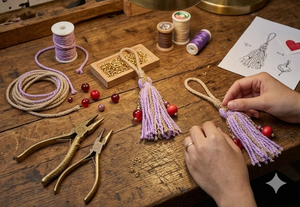 Porte-clés artisanal avec franges en rayonne violette et perles rouges, porte-clés décoratif - Product Image 6