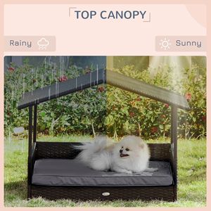 Cuccia Rialzata per Cani in Vimini con Motivo a Righe, Cuccia per Gatti in Rattan PE con Cuscino Grigio e Tettuccio - Product Image 6