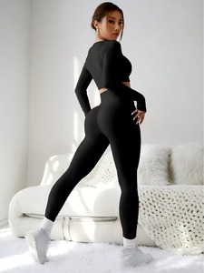 Seamless 2 Piece <b>Workout</b> Set Women Ribbed Long Sleeve Crop Top Thumbhole and High Waist Scrunch Butt Lift Leggings Yoga Outfit - Product Image 6