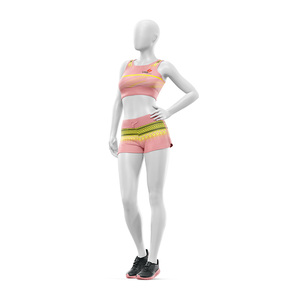 Ensemble de vêtements de yoga et de sport personnalisé en 2 pièces, haut court à col rond, short taille haute, imprimé géométrique, spandex, polyester, logo imprimé sur le devant - Product Image 5