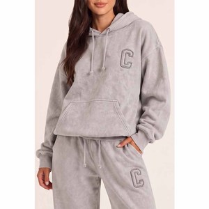 <b>Women's</b> Gray Fleece Hooded Sweatshirt & Joggers Set Letter C Embroidery Casual Loose Fit All Seasons <b>2</b> <b>Piece</b> <b>Outfit</b> - Product Image 2