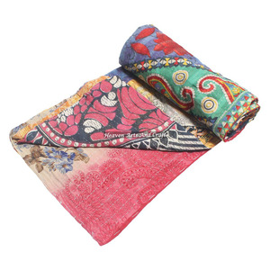 Indian Hand Block Print Printing Kantha Reversible Blanket Indian Reversible Hand Stitched Heavy <b>Throw</b> Old Sari Blanket Patch - Product Image 1