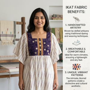 Vestido Corto de Algodón Ikat para Mujer, Mangas con Volantes, Cintura Imperio, Corte en A, Mini Vestido con Bordado, Estilo Casual para Verano - Product Image 3