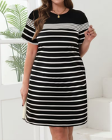Plus Size Women Adults Jersey Striped Crew Neck T-Shirt Dress Natural Waist Short Sleeve Bodycon Knee-Length Casual Summer High