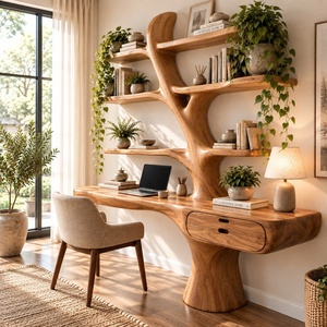 Escritorio de Madera Contemporáneo de Pared DS08 Luxali Hecho a Mano con Estanterías en Forma de Árbol y Cajón para Oficina en Casa - Product Image 2