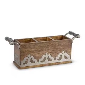 Modern Solid Wood 4 Compartment Cutlery Holder Brass Handles Handmade Wooden Flatware <b>Caddy</b> for <b>Kitchen</b> Table Top Tableware - Product Image 6