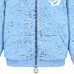 Sudadera con capucha azul cielo con cremallera completa, chaqueta estilo streetwear con cristales incrustados, sudadera con capucha de manga larga con bolsillos frontales - Product Image 5