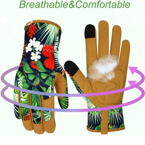 Gants de jardinage robustes et respirants pour femmes, imprimé floral tropical, paume en cuir synthétique, compatibles écran tactile - Product Image 2