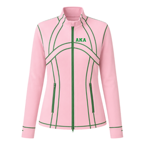 เสื้อแจ็คเก็ตแทร็คซิปยาวสีชมพูเขียวสำหรับผู้หญิง แบรนด์ AKA แขนยาว คอตั้ง ลายตัวอักษรกรีก เสื้อผ้าสำหรับชมรมนักเรียน ชุดกีฬาลำลอง เสื้อคลุมทีมกีฬา - Product Image 1