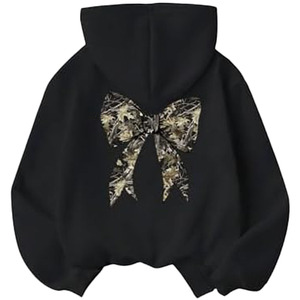 Sweat-shirt noir surdimensionné pour femme avec motif nœud camouflage |   Sweat-shirt tendance inspiré de la chasse - Product Image 2