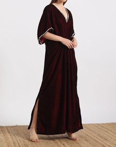 Beautiful Dubai <b>Kaftan</b> Women's Maroon Velvet With Pearl Trim V Neck Floor Length Loose Fit Modest Dress Three Quarter Sleeves - Product Image 1