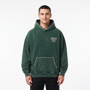 Sudadera con Capucha Oversize para Hombre, Verde, Lavado Ácido, Algodón French Terry, Logotipo Bordado, Adorno de Pedrería, Bolsillo, Ropa Casual, Transpirable - Product Image 5