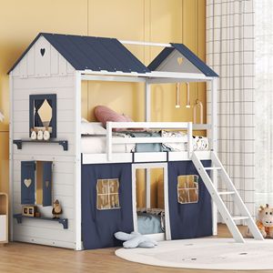 Elegante Letto a Castello Singolo con Finestre Blu-Bianche e Tenda - Letto a Casetta in Legno per Bambini - Product Image 1