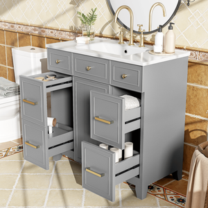 36-Inch Solid Wood <b>Bathroom</b> <b>Vanity</b> with Soft Close Doors Adjustable Shelves 3 Drawers & Double Ceramic Sink Grey - Product Image 2
