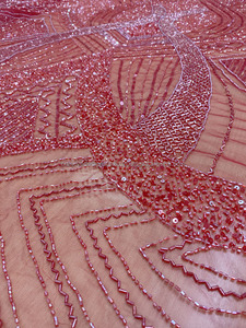 Robe de soirée à paillettes rouges et perles, tissu de luxe, broderie perlée, tissu de mariée avec perles, paillettes, matériaux en dentelle - Product Image 3