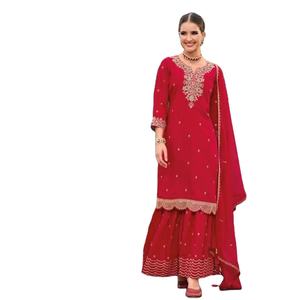 Conjunto de seda romana pesada con bordado de organza, dupatta Kurti - Product Image 1