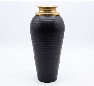 Luxury matte black floor <b>vase</b> Medium with hammered gold rim and intricate floral vine detailing. Premium home decor centerpiece - Product Image 6