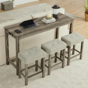 Tavolo Bar con Presa di Corrente da 59 Pollici e 3 Sgabelli Imbottiti, Set di Arredamento per Soggiorno in 4 Pezzi, Combinazione Tavolo e Sedie da Pranzo - Product Image 2