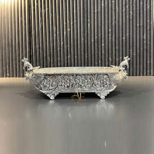 Antique Silver Carved Peacock Beverage Tub Embossed Floral Oval Tub With Ornate Feet Elegant <b>Champagne</b> Wine Cooler For Drinks - Product Image 1