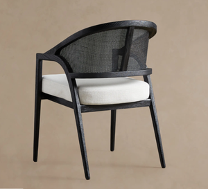 Modern Wooden Dining <b>Chair</b> with Woven Rattan Back and Linen Upholstery Midcentury Design Home Furniture - Product Image 3