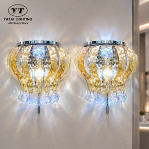 Applique murale moderne en acier inoxydable et verre cristal avec interrupteur à chaîne, éclairage trois voies E14, lot de deux pour hôtel - Product Image 1