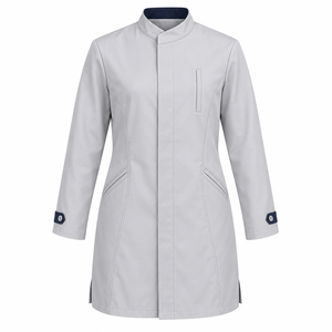Doctor <b>Coat</b> Pale <b>Grey</b> <b>Stand</b> Collar Medical Lab <b>Coat</b> OEM Custom Wholesale Unisex Healthcare Workwear Uniform with Navy Cuff Tabs - Product Image 1