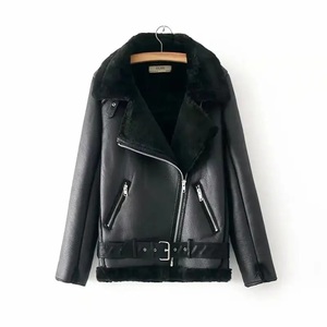 <b>Men's</b> Black PU Leather Moto Jacket With Faux Fur Lining Zipper Closure <b>Belted</b> Winter Biker Coat Women's Thickened Fur All-In-One - Product Image 1