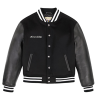 Veste varsity noire pour homme Avirex sur mesure OEM ODM avec manches en cuir et logo brodé sur le devant