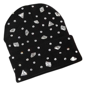 Bonnet en tricot noir personnalisé avec strass en cristal tendance, doux et élastique, à revers, pour homme, accessoires d'hiver pour temps froid - Product Image 6