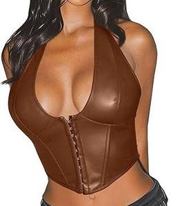 Top corto de fiesta sin mangas con cuello halter de piel sintética para mujer, ajustado y sin espalda - Product Image 2