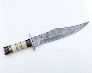 Handcrafted Twist Damascus Steel Utility <b>Knife</b> Outdoor Field Segmented <b>Bone</b> Brass Micarta Spacer <b>Handle</b> OEM - Product Image 3