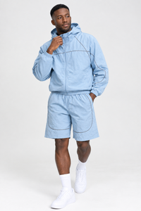 Conjunto Deportivo Ligero con Capucha para Hombre, Chaqueta y Pantalones Cortos, Dos Piezas, Estilo Casual para Exteriores, Color Azul Claro - Product Image 5