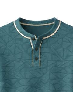 <b>Mens</b> Teal Blue Geometric Printed <b>Henley</b> Pullover Sweatshirt Long Sleeve French Terry Regular Fit Casual <b>Top</b> For <b>Men</b> Winter Wear - Product Image 5